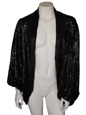 new RUE DE CALAIS Dolman Jacket, S, Black Beads/Sequins, Silk, Open Front, Loose